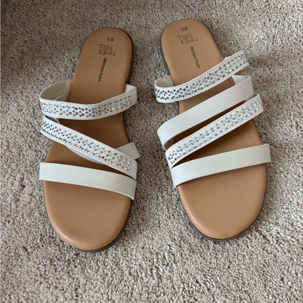 Time and Tru White Strappy Sandals with Rhinestones